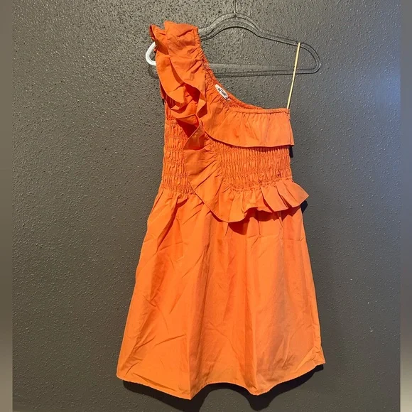 Day + Moon Meredith Smocked One Shoulder Orange Ruffle Dress - Picture 4 of 10